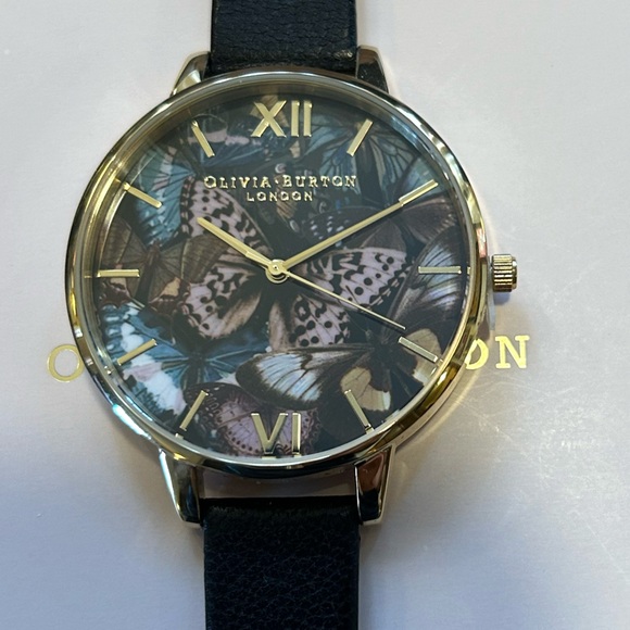OLIVIA BURTON WATCH WITH 38mm BLACK FACE WITH BUTTERFLYS & BLAK BAND - Picture 2 of 6